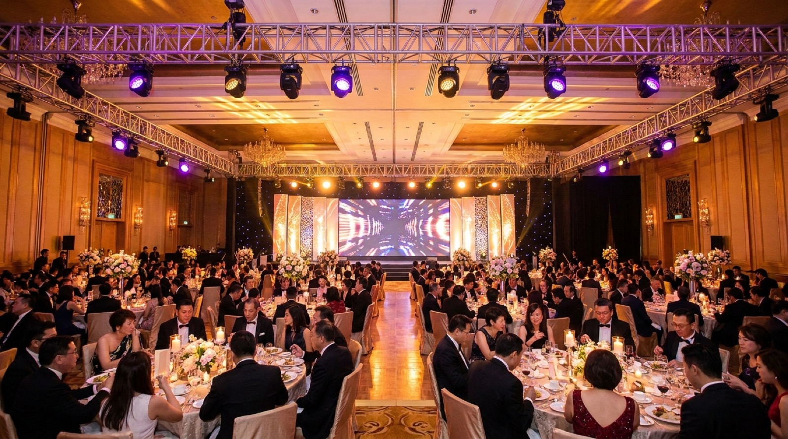 Corporate dinner and dance gala production with truss lighting Singapore
